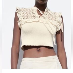 Zara Cream Lace Trim Combination Knit Top S